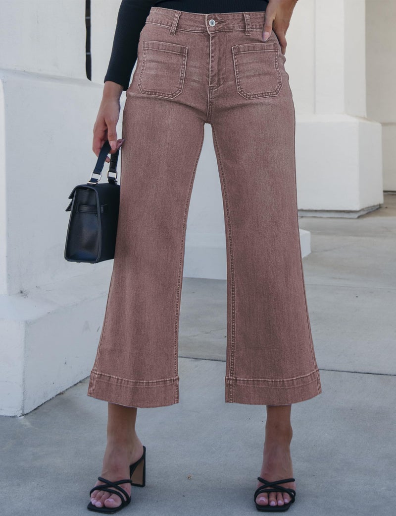 luvamia Wide Leg Jeans for Women Trendy High Waisted Flare Jeans Cropped Denim Pants Stretchy Baggy with Patch Pockets Pecan Brown Size XX-Large Fits Size 20-22 - Image 2