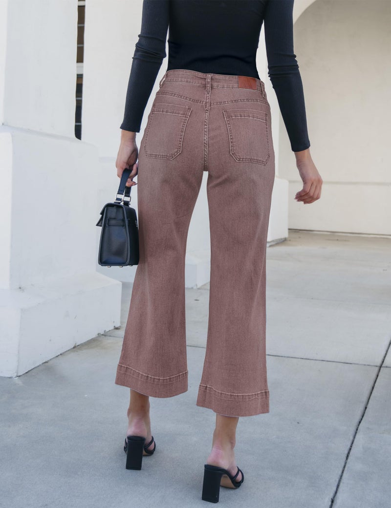 luvamia Wide Leg Jeans for Women Trendy High Waisted Flare Jeans Cropped Denim Pants Stretchy Baggy with Patch Pockets Pecan Brown Size XX-Large Fits Size 20-22 - Image 3