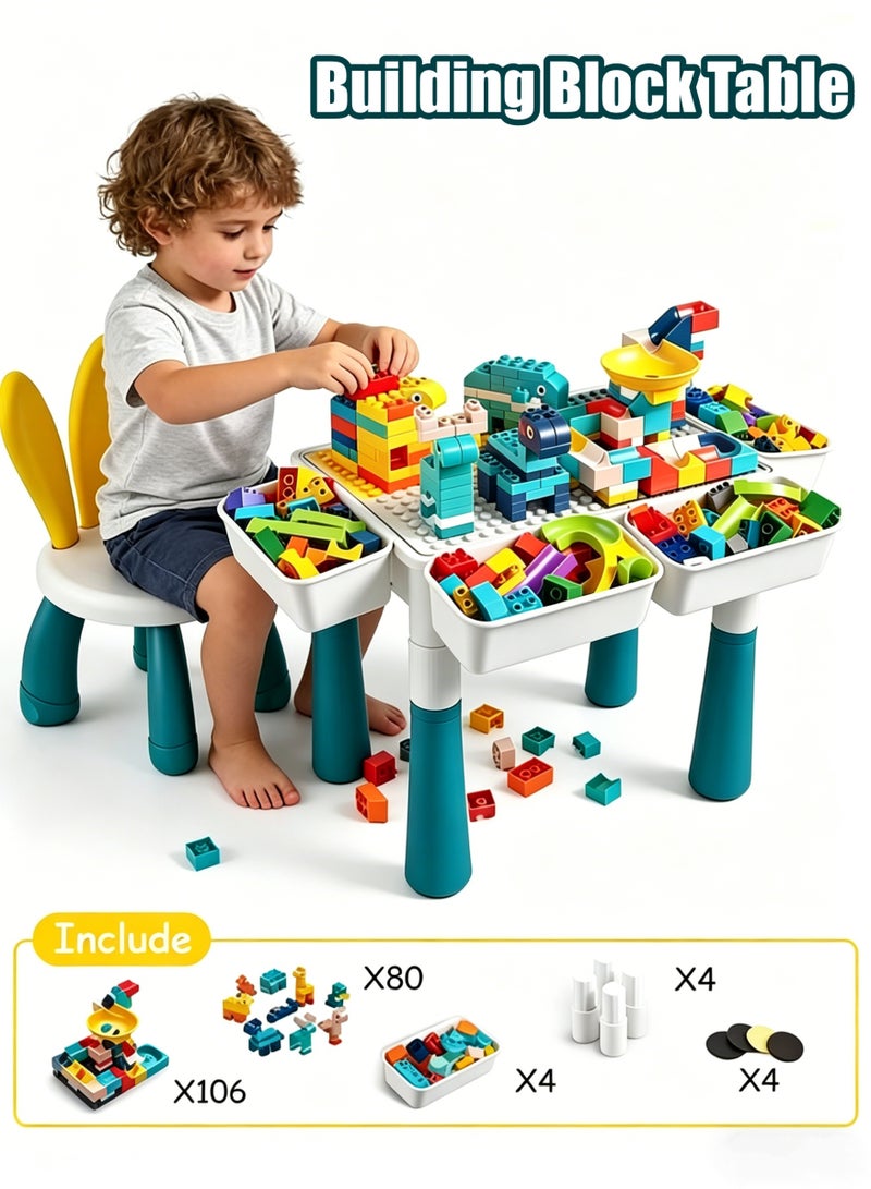 Building Blocks Table, 5-in-1 Kids Activity Table Set Kids Activitle and Chair Set Learn Play Water Sand Table - 190 Pieces Large Building Blocks Compatible Bricks Toy Play Table Includes 1 Chair for Kids Ages 3+ - Image 1