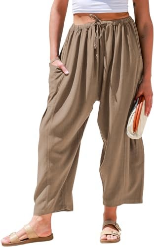 TARSE Womens Linen Pants Casual Wide Leg Loose Drawstring Low Waist Beach Palazzo Harem Pants with Pockets(Coffee,L) - Image 1