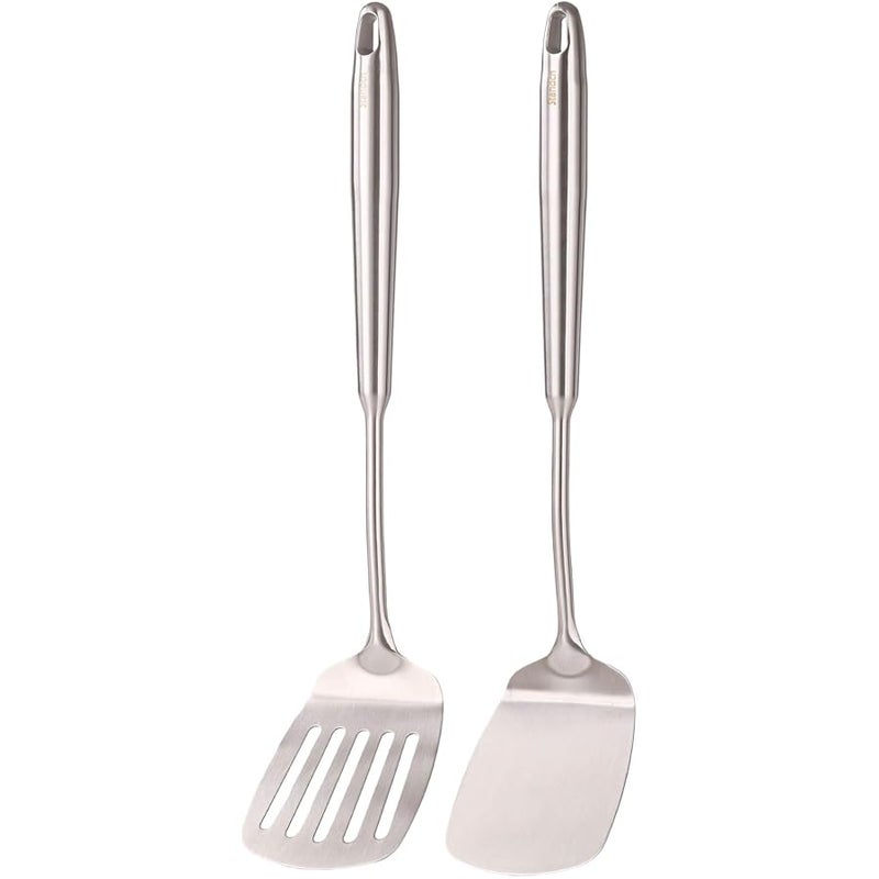 Standcn 18/10 Stainless Steel Spatulas Set - 15” Long Spatulas for Kitchen, Metal Cooking Utensils - 1 Slotted Spatula + 1 Solid Turner (style A - all metal brushed) - Image 1