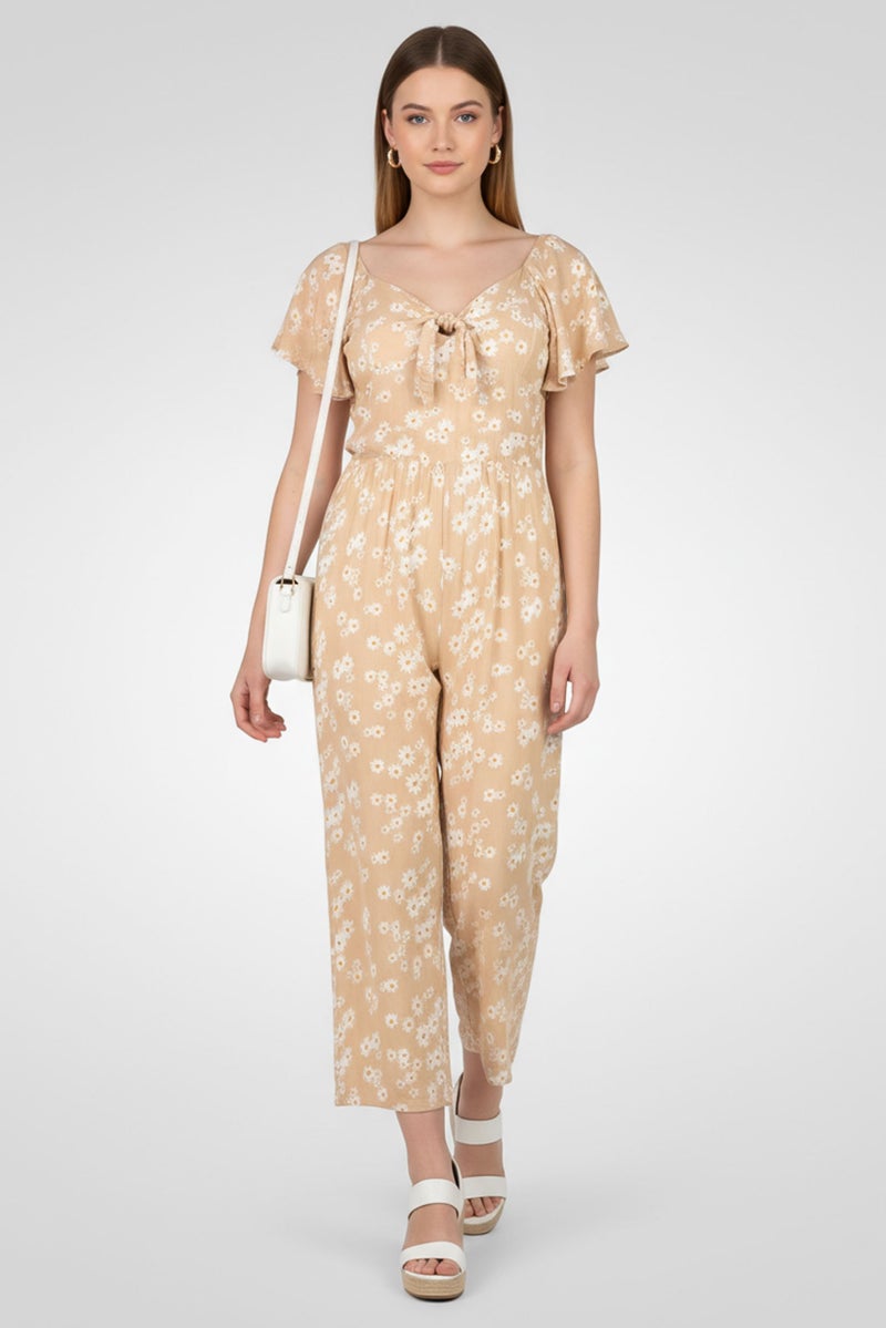 Willow & Whistle Women Floral Print Flutter Sleeve Jumpsuit, Beige - Image 1