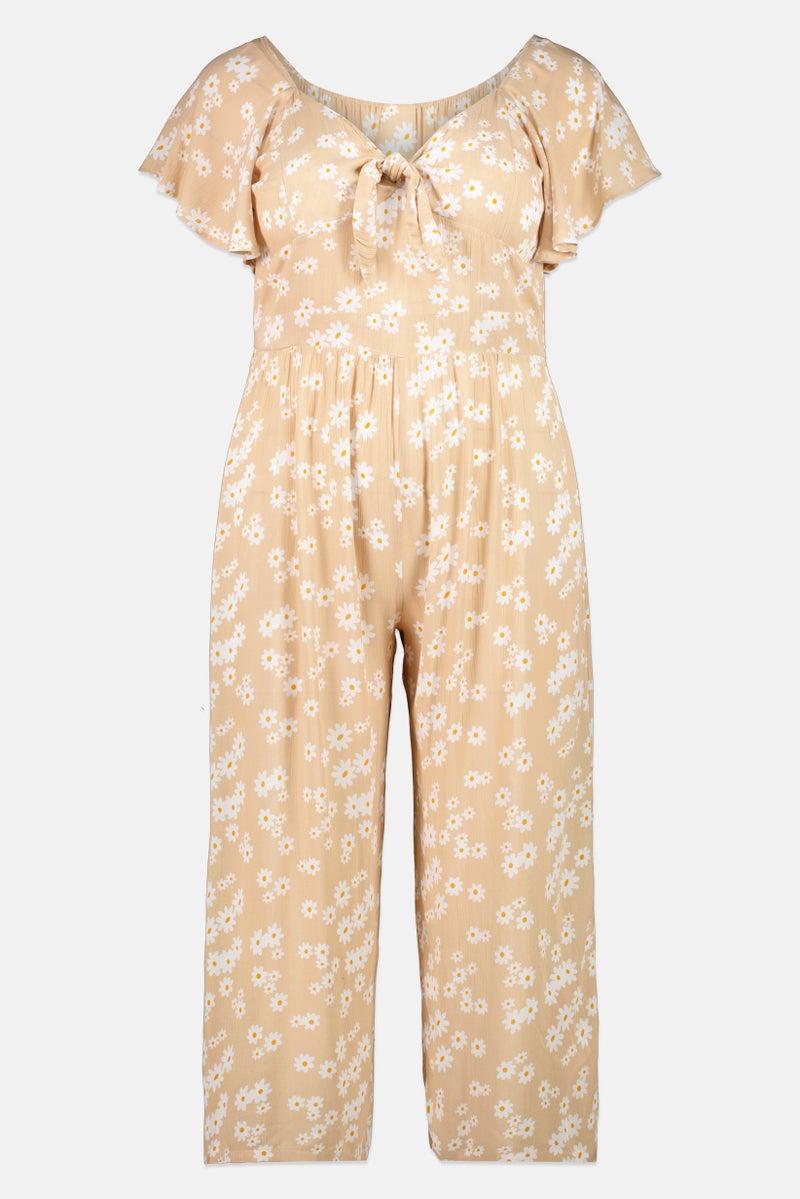 Willow & Whistle Women Floral Print Flutter Sleeve Jumpsuit, Beige - Image 2