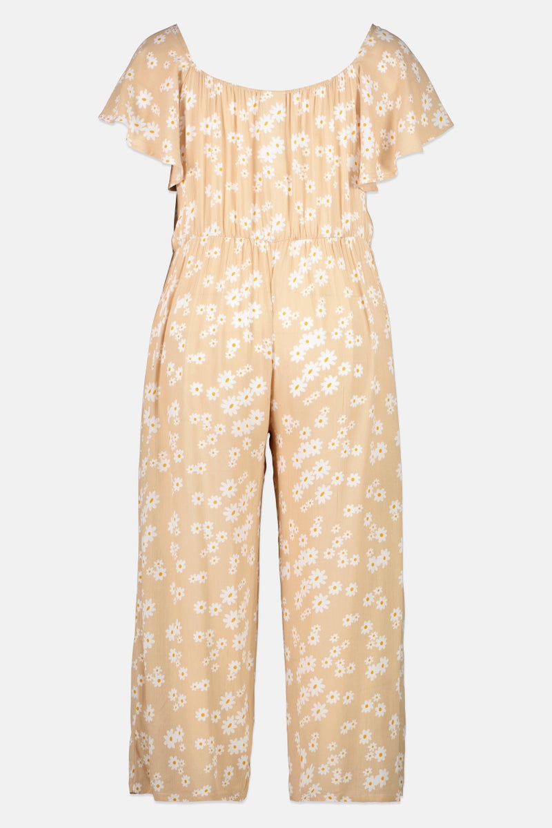 Willow & Whistle Women Floral Print Flutter Sleeve Jumpsuit, Beige - Image 3