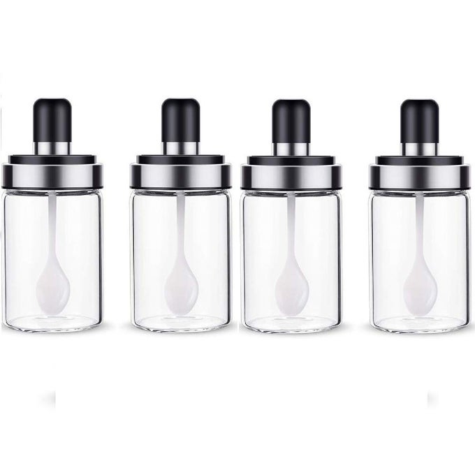 KITCHEN BOROSILICATE GLASS SPICE JAR SEASONING BOX JAR CONDIMENT JAR COMBINATION SPOON AND LID DESIGN 250ML (SPOON JAR, 4PCS)