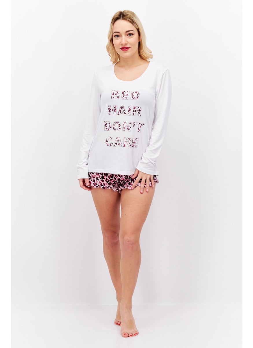 French Affair - Women 2 Pieces Animal Print Pyjama Set, White - Image 1