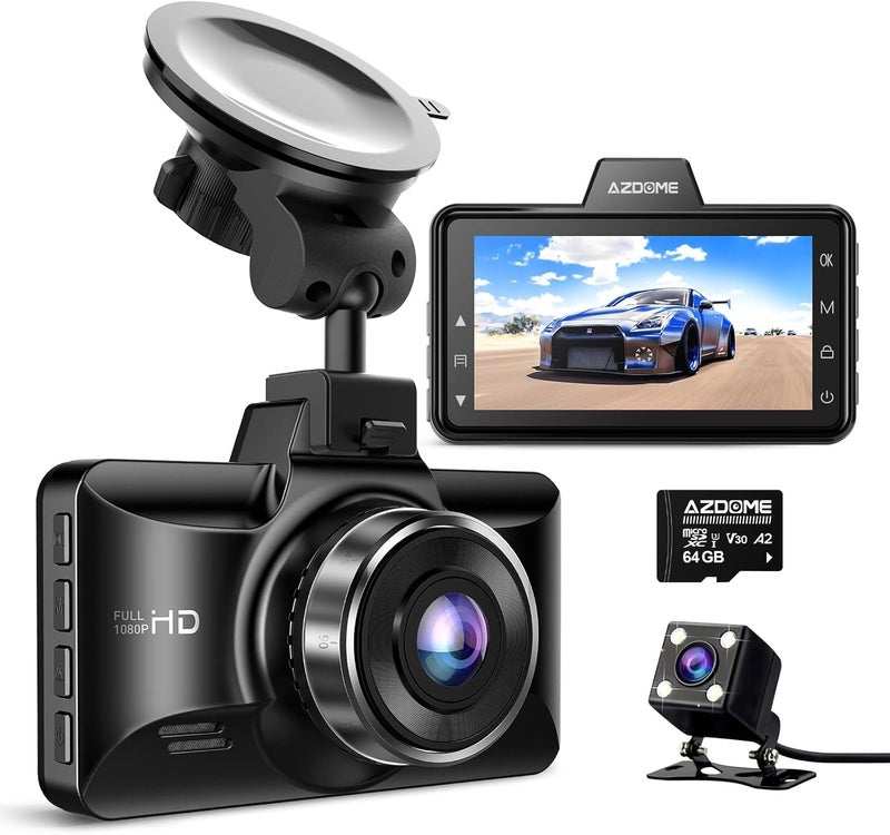 AZDOME M01 Dual Dash Cam Front and Rear with Free 64GB Card, 3" Screen Dual Dashboard Camera for Car, Built-in ADAS G-Sensor, 24H Parking Mode Car Camera (M01 Pro) - Image 1