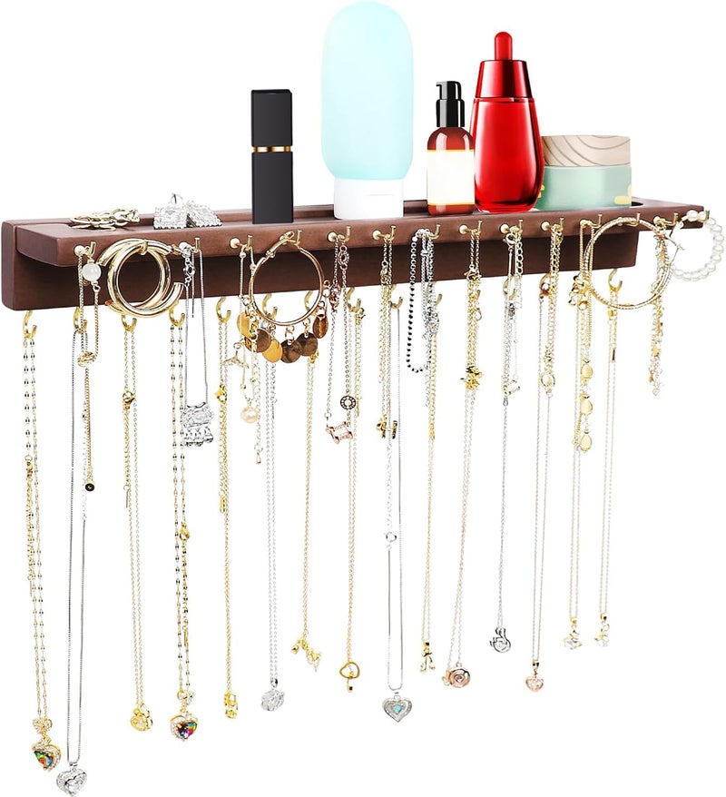 YYILIS Necklace Holder, Upgraded Extra Large Wall Necklace Organizer with 30 Hooks Wall Mounted Necklace Hanger with Jewelry Tray/Cosmetics Shelf Rustic Pine Wood Holder (Walnut) - Image 1