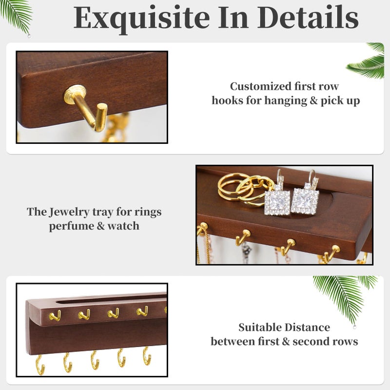 YYILIS Necklace Holder, Upgraded Extra Large Wall Necklace Organizer with 30 Hooks Wall Mounted Necklace Hanger with Jewelry Tray/Cosmetics Shelf Rustic Pine Wood Holder (Walnut) - Image 3
