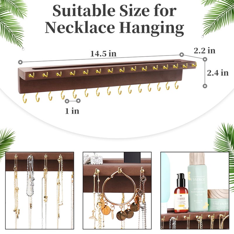 YYILIS Necklace Holder, Upgraded Extra Large Wall Necklace Organizer with 30 Hooks Wall Mounted Necklace Hanger with Jewelry Tray/Cosmetics Shelf Rustic Pine Wood Holder (Walnut) - Image 4
