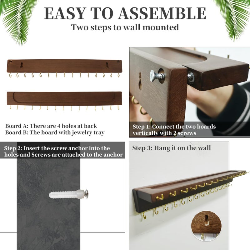 YYILIS Necklace Holder, Upgraded Extra Large Wall Necklace Organizer with 30 Hooks Wall Mounted Necklace Hanger with Jewelry Tray/Cosmetics Shelf Rustic Pine Wood Holder (Walnut) - Image 5