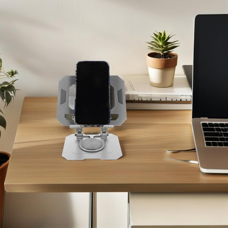 Portable Foldable Tablet Stand with 360° Rotating Cooling Vent for Live Streaming and Desk Phone Holder, Adjustable Silver Tablet and Cell Phone Mount for Home Office Travel - Image 5