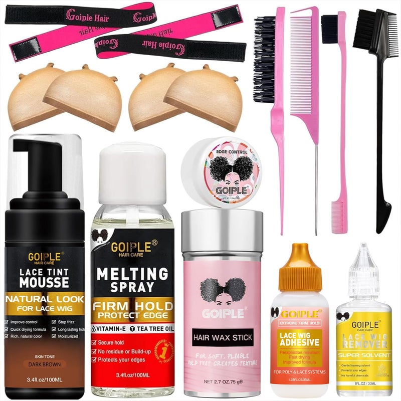 Goiple Lace Glue Kit Complete Set with Lace Tint Mousse, Lace Melting Spray Wig Glue for Women's Wigs and Hairpieces - Wig Installation Kit & Tape in Extension Rmover & Cap (Dark Brown) - Image 1