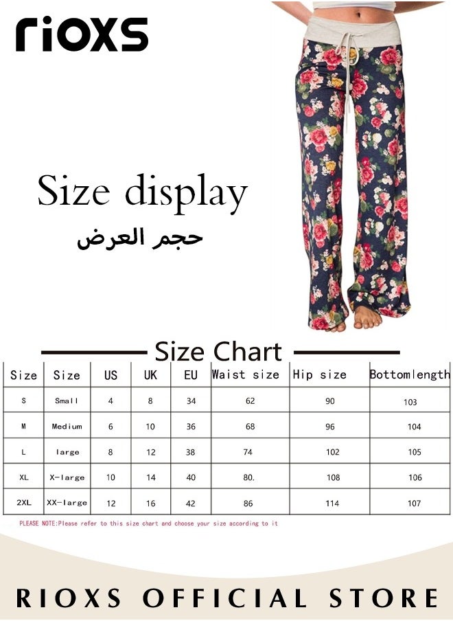 RIOXS - Women's Casual Pants Stretch Floral Print Drawstring Trousers High Waisted Wide Leg Lounge Pants With Pockets - Image 1