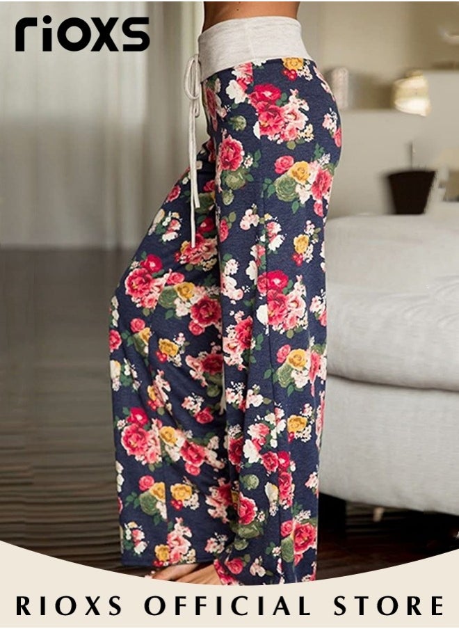 RIOXS - Women's Casual Pants Stretch Floral Print Drawstring Trousers High Waisted Wide Leg Lounge Pants With Pockets - Image 1
