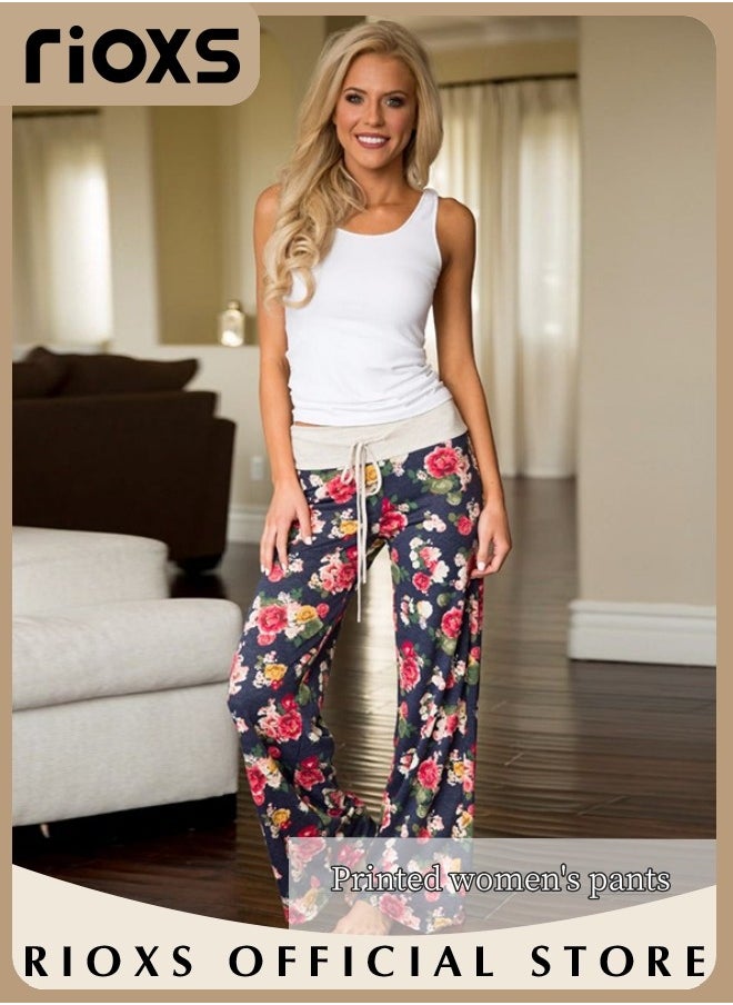RIOXS - Women's Casual Pants Stretch Floral Print Drawstring Trousers High Waisted Wide Leg Lounge Pants With Pockets - Image 1
