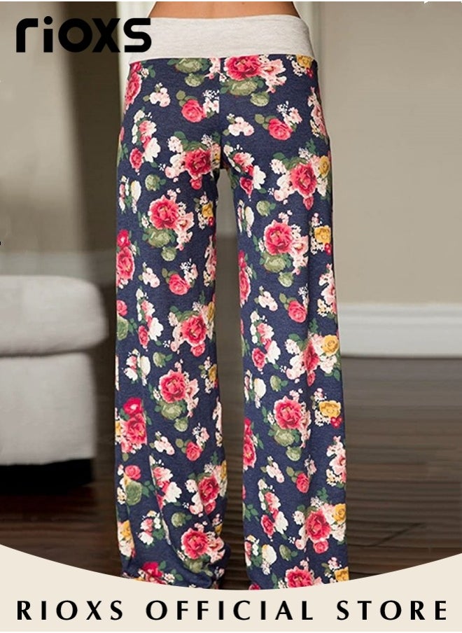 RIOXS - Women's Casual Pants Stretch Floral Print Drawstring Trousers High Waisted Wide Leg Lounge Pants With Pockets - Image 1