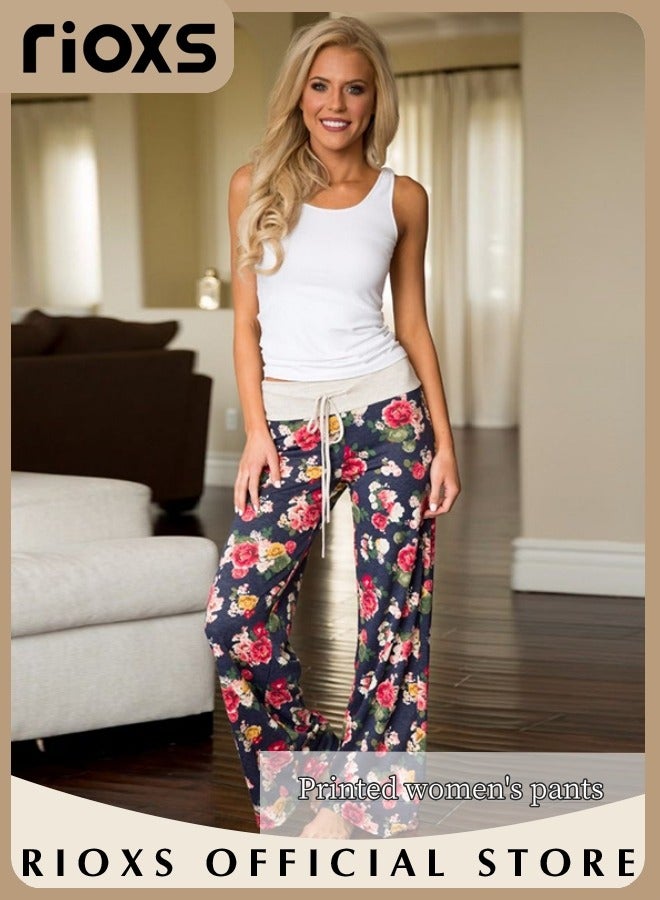 RIOXS Women's Casual Pants Stretch Floral Print Drawstring Trousers High Waisted Wide Leg Lounge Pants With Pockets  - Image 1