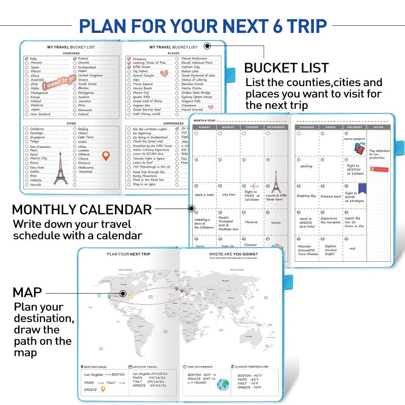 JUBTIC Travel Journal & Planner, Vacation Organizer with Budget Tracker & Checklist, A5 Size Trip Diary & Notebook for 6 Trips, Travel Gifts for Women, Men & Couples (Aquamarine) - Image 3