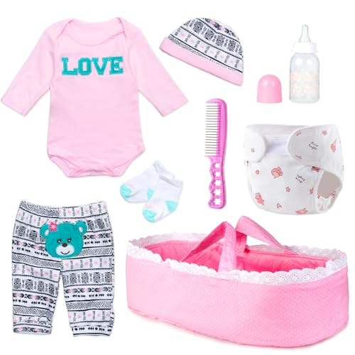 Pedolltree Reborn Baby Doll Clothes Girl Pink Outfits Accesories for 1722 Inch Reborn Doll Newborn Baby Girl Accesories 8 Pcs Set with BassinetDiaper - Image 1