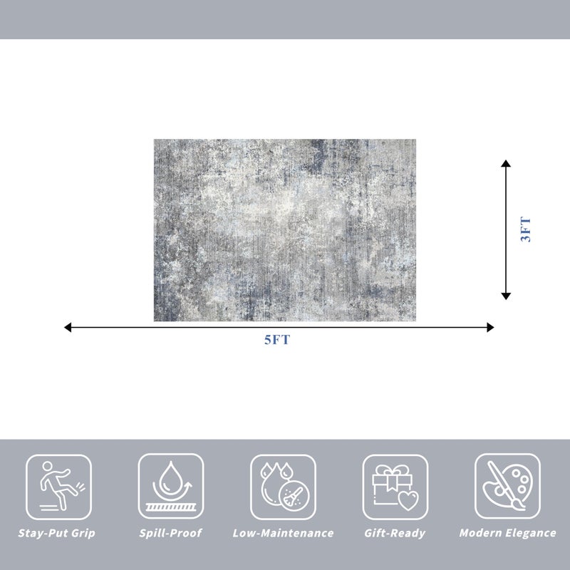 BYYVOO 3x5 Washable Entryway Rug â€“ Non-Slip Rubber Backed Small Area Rug for Kitchen, Bedroom, Living Room, Office â€“ Soft Low-Pile Thin Modern Abstract Neutral Throw Rug ï¼ˆBlue Gray,3x5ï¼‰ - Image 2