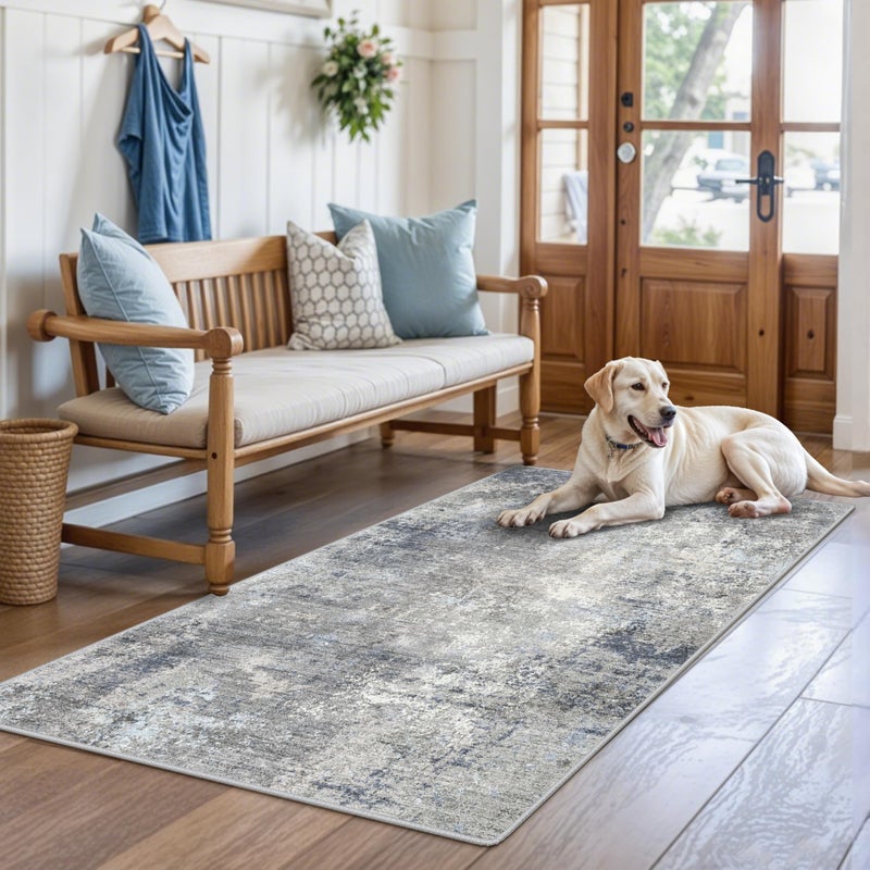 BYYVOO 3x5 Washable Entryway Rug â€“ Non-Slip Rubber Backed Small Area Rug for Kitchen, Bedroom, Living Room, Office â€“ Soft Low-Pile Thin Modern Abstract Neutral Throw Rug ï¼ˆBlue Gray,3x5ï¼‰ - Image 4