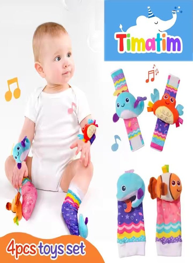 Timatim Newborn Toys for Baby Boy Baby Girl Sensory and Brain Development Infant Toys-Hand & Foot Finder Rattle Socks for 0-3, 3-6,6-12 Months Babies (1pair Socks+ 1pair Wristband),multicolor - Image 3