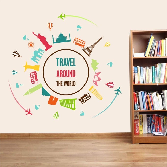 'TRAVEL AROUND THE WORLD - INSPIRATIONAL - MOTIVATIONAL - WALL STICKER' -SM651 (MULTI COLOUR, VINYL - 110CM X 110 CM)