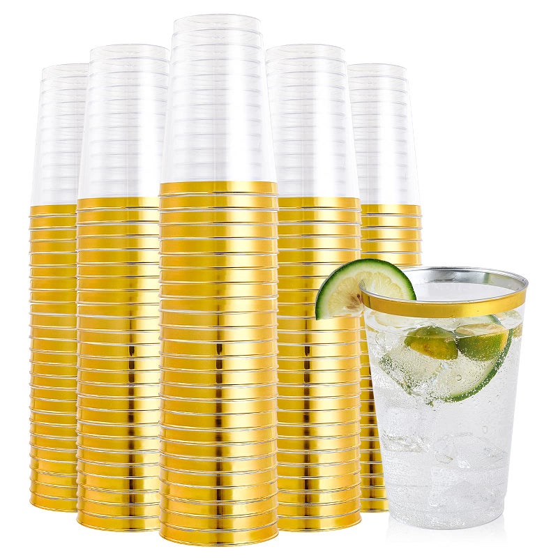 FOCUSLINE 200 Pack 12 oz Gold Rimmed Plastic Cups, Clear Plastic Cups Tumblers, Heavy-duty & Fancy Disposable Hard Cup 12 Ounce with Gold Rim for Wedding Cup Elegant Party Cups - Image 1