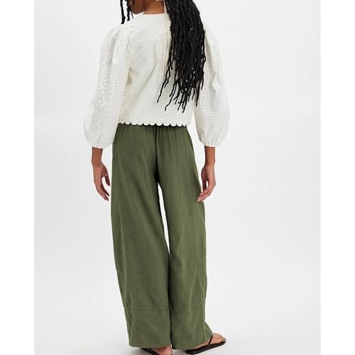 SeeLuNa Linen Pants for Women Cotton Baggy Boho Casual Palazzo Pants Wide Leg Long Lounge Trousers with Pockets(Army-Green,S) - Image 4