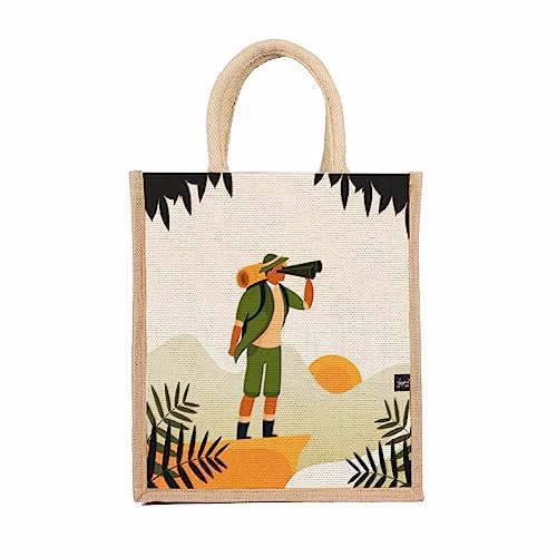 Sangra Multicolor Jute bag for Women and Men Lunch Bag with Zip and Handle (Adventure) - Image 1
