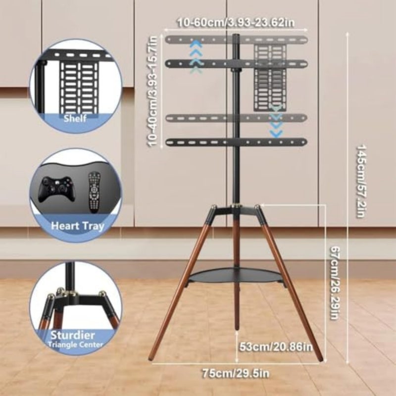 Tripod Easel TV Stand for 32-65 inch LED LCD Screen Flat Curved Screen, Height Adjustable Studio TV Display Stand with 140 Swivel for Bedroom, Living Room, Corner TV Stand Black Wood - Image 4