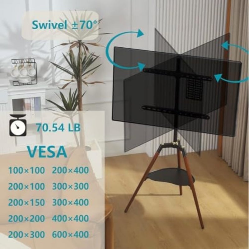 Tripod Easel TV Stand for 32-65 inch LED LCD Screen Flat Curved Screen, Height Adjustable Studio TV Display Stand with 140 Swivel for Bedroom, Living Room, Corner TV Stand Black Wood - Image 2