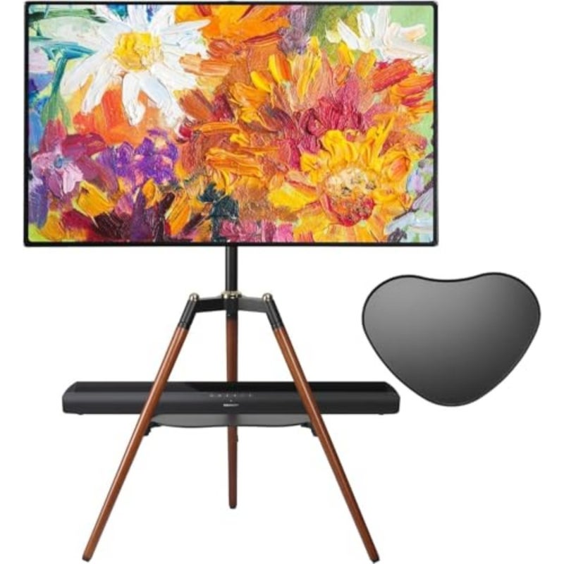 Tripod Easel TV Stand for 32-65 inch LED LCD Screen Flat Curved Screen, Height Adjustable Studio TV Display Stand with 140 Swivel for Bedroom, Living Room, Corner TV Stand Black Wood - Image 1