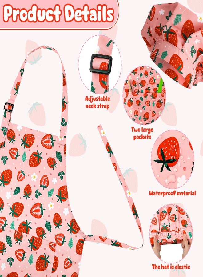 XLSXEXCL Kids Apron and Chef Hat Set, Cute Strawberry Apron Adjustable Kids Aprons with 2 Pockets Girls and Boys, Kids Cooking Aprons Artist Aprons Kitchen Toddler Aprons for Cooking, Baking, Painting - Image 3