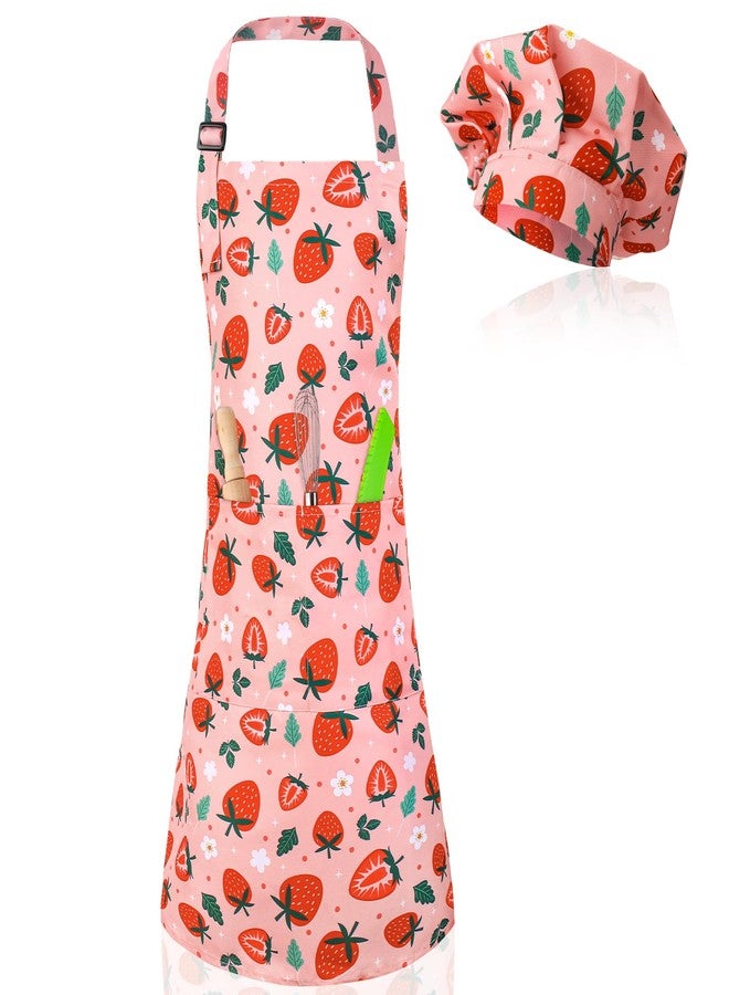 XLSXEXCL Kids Apron and Chef Hat Set, Cute Strawberry Apron Adjustable Kids Aprons with 2 Pockets Girls and Boys, Kids Cooking Aprons Artist Aprons Kitchen Toddler Aprons for Cooking, Baking, Painting - Image 1