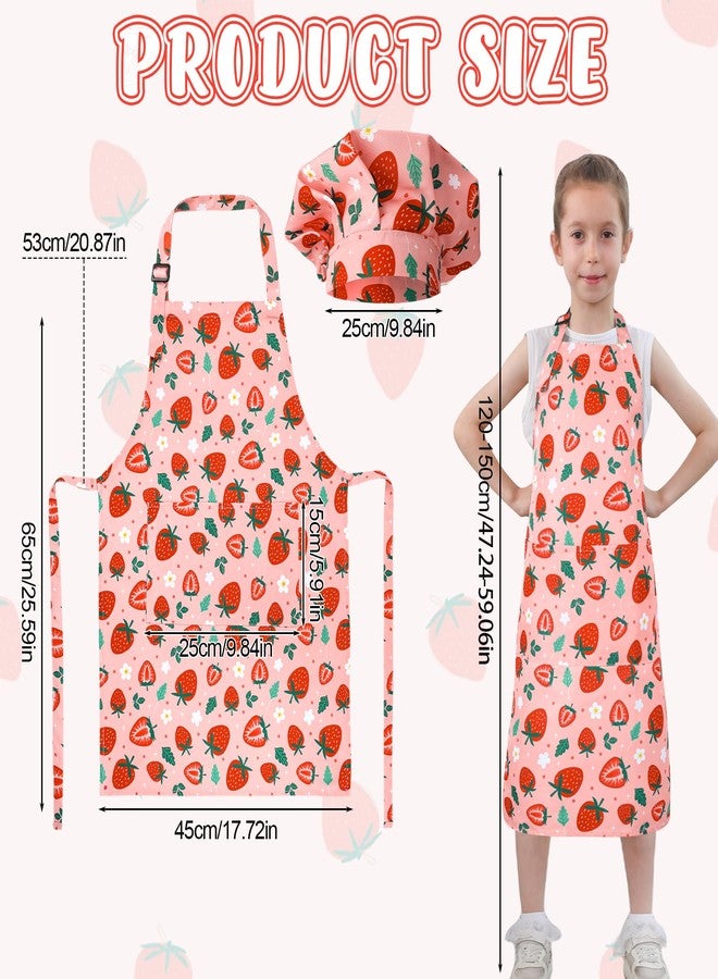 XLSXEXCL Kids Apron and Chef Hat Set, Cute Strawberry Apron Adjustable Kids Aprons with 2 Pockets Girls and Boys, Kids Cooking Aprons Artist Aprons Kitchen Toddler Aprons for Cooking, Baking, Painting - Image 2