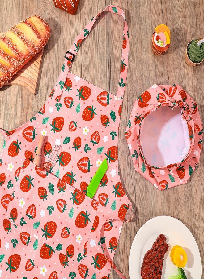 XLSXEXCL Kids Apron and Chef Hat Set, Cute Strawberry Apron Adjustable Kids Aprons with 2 Pockets Girls and Boys, Kids Cooking Aprons Artist Aprons Kitchen Toddler Aprons for Cooking, Baking, Painting - Image 4