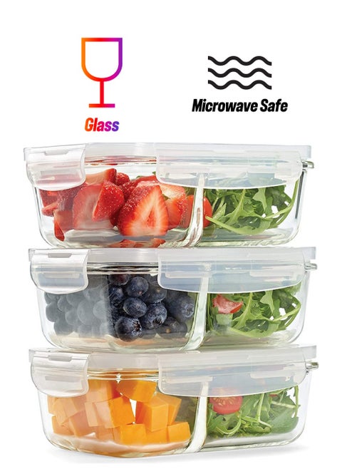Airtight Seal, Portion Cont Divided, 3-Pack, Two Compartments, Set of 3 Locking Lids, Glass Storage, Meal Prep Containers, 3 Pack, Clear