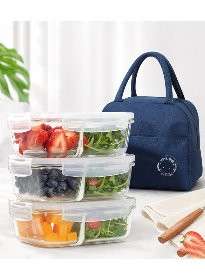 Arabest 2-Compartment Divided Glass Meal Prep Containers, 3 Pack, Airtight 4-Way Locking Lids, BPA-Free Clear Glass Food Storage Containers for Lunch & Leftovers ﻿ - Image 1