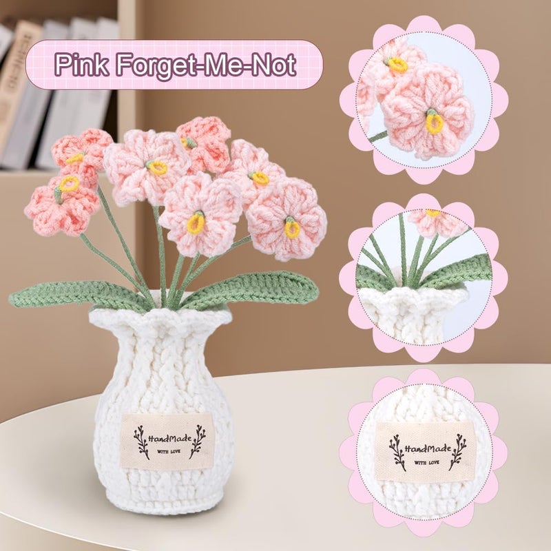 Lutoku Forget Me Not Crochet Flower Plant, Small Cute Handmade Knitted Flowers with Vase, Small Crochet Potted Artificial Flower Plants for Desk Home Car Dashboard Office Decorations (Forget Me Not-Pink) - Image 3