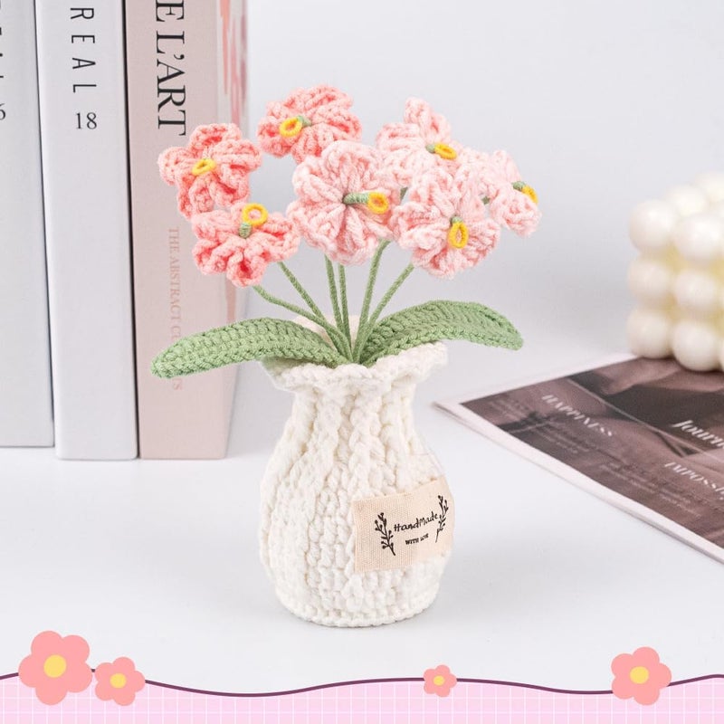 Lutoku Forget Me Not Crochet Flower Plant, Small Cute Handmade Knitted Flowers with Vase, Small Crochet Potted Artificial Flower Plants for Desk Home Car Dashboard Office Decorations (Forget Me Not-Pink) - Image 5