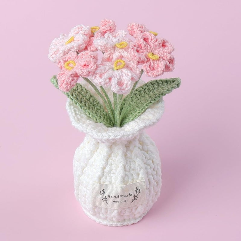 Lutoku Forget Me Not Crochet Flower Plant, Small Cute Handmade Knitted Flowers with Vase, Small Crochet Potted Artificial Flower Plants for Desk Home Car Dashboard Office Decorations (Forget Me Not-Pink) - Image 1