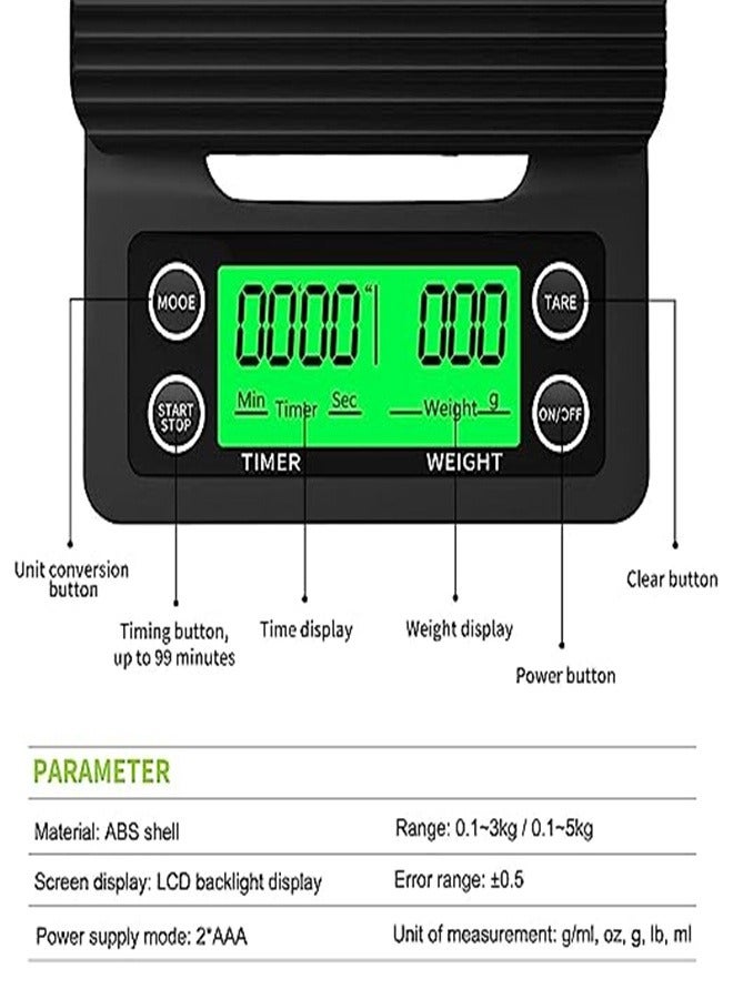 Goolsky ميزان القهوة Goolsky مع مؤقت، شاشة LCD مضاءة من الخلف، دقة عالية في المطبخ مع وظيفة الطي، سعة قصوى 6.6LB/3KG، حساس دقة 0.1g، بطاريات مشمولة - Image 2