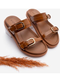 MARJIN Women's Leather Double Band Buckled Casual Slippers Tanva  - Image 1