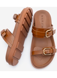 MARJIN Women's Leather Double Band Buckled Casual Slippers Tanva  - Image 5