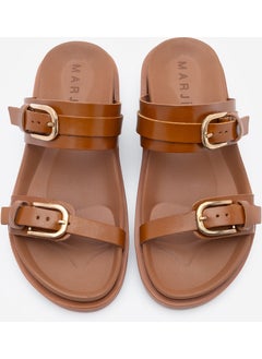 MARJIN Women's Leather Double Band Buckled Casual Slippers Tanva  - Image 4