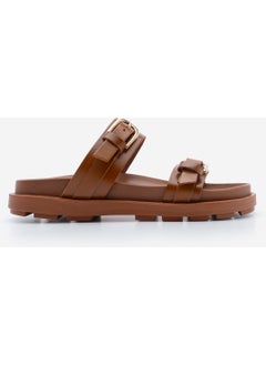MARJIN Women's Leather Double Band Buckled Casual Slippers Tanva  - Image 2