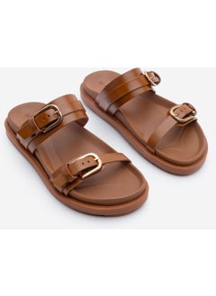 MARJIN Women's Leather Double Band Buckled Casual Slippers Tanva  - Image 3
