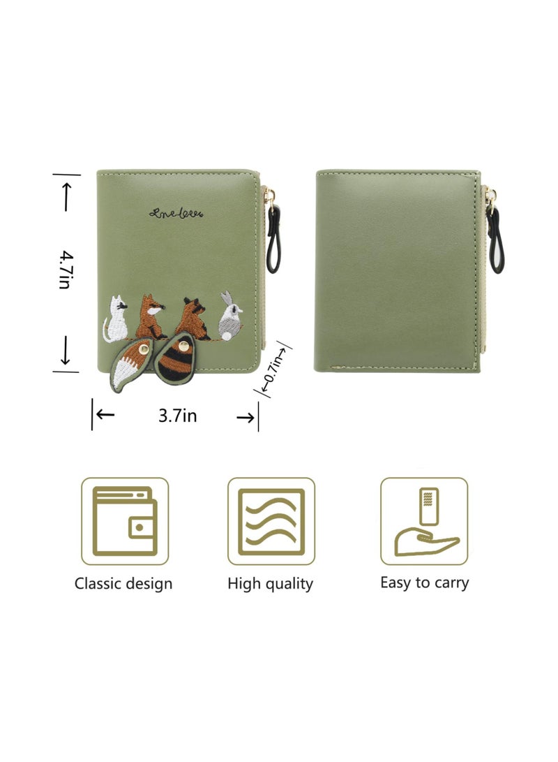 SOLARAE Cute Embroidery Wallets for Women, Leather RFID Blocking Small Bifold Wallet with Zipper Coin Purse, Portable and Small Wallets with Embroidered Animal Pattern, Green - Image 4